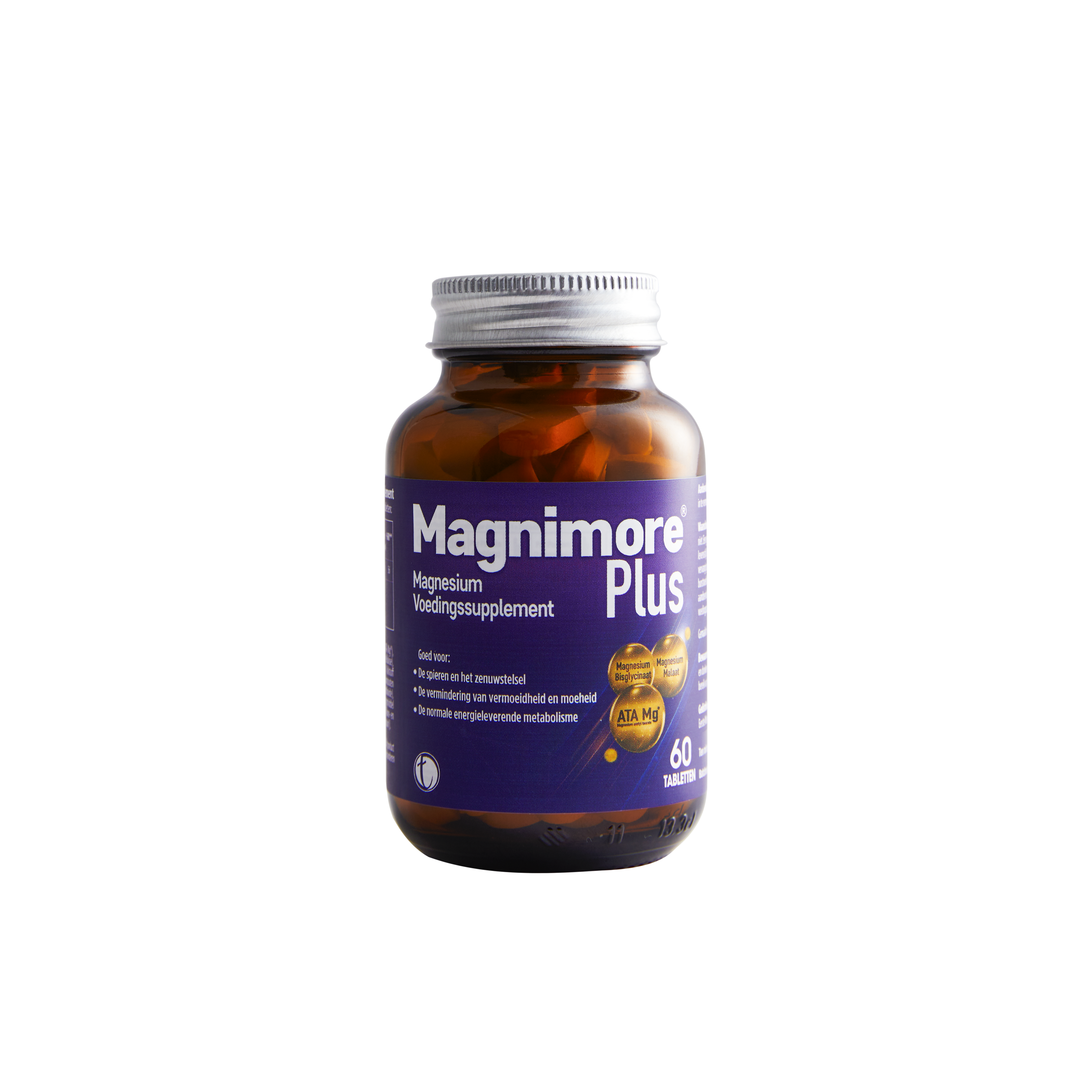 Magnimore Plus 60 magnesium supplement bottle on white background
