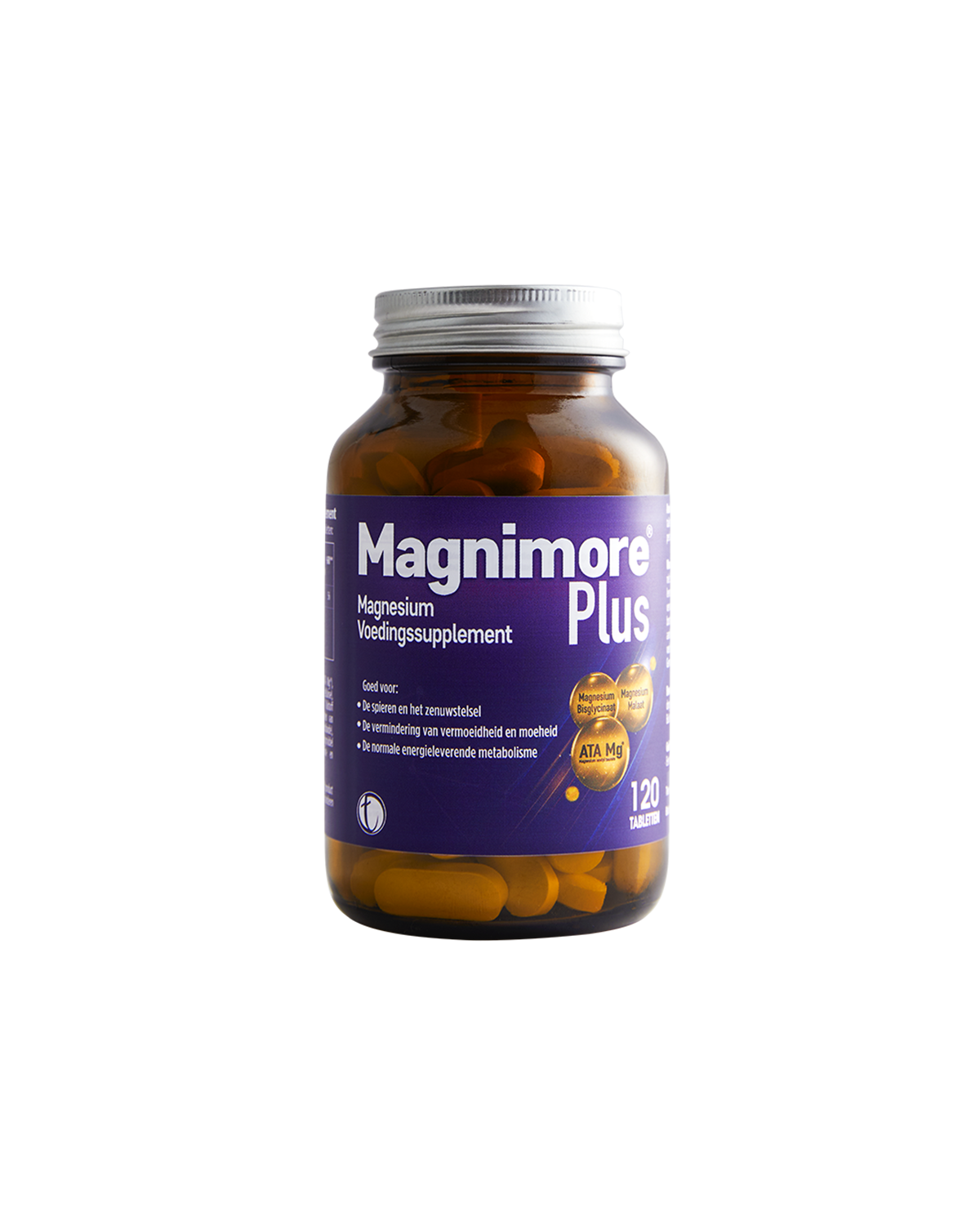 Magnimore Plus 120 magnesium supplement bottle on white background
