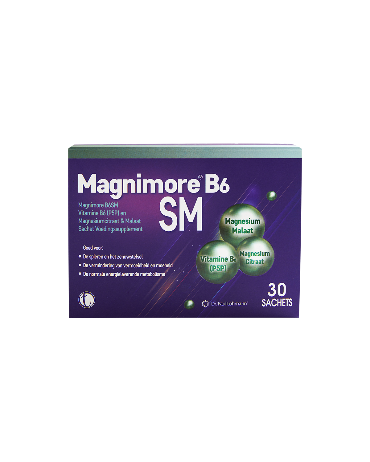 Magnimore B6 SM magnesium and vitamin B6 supplement box, front view
