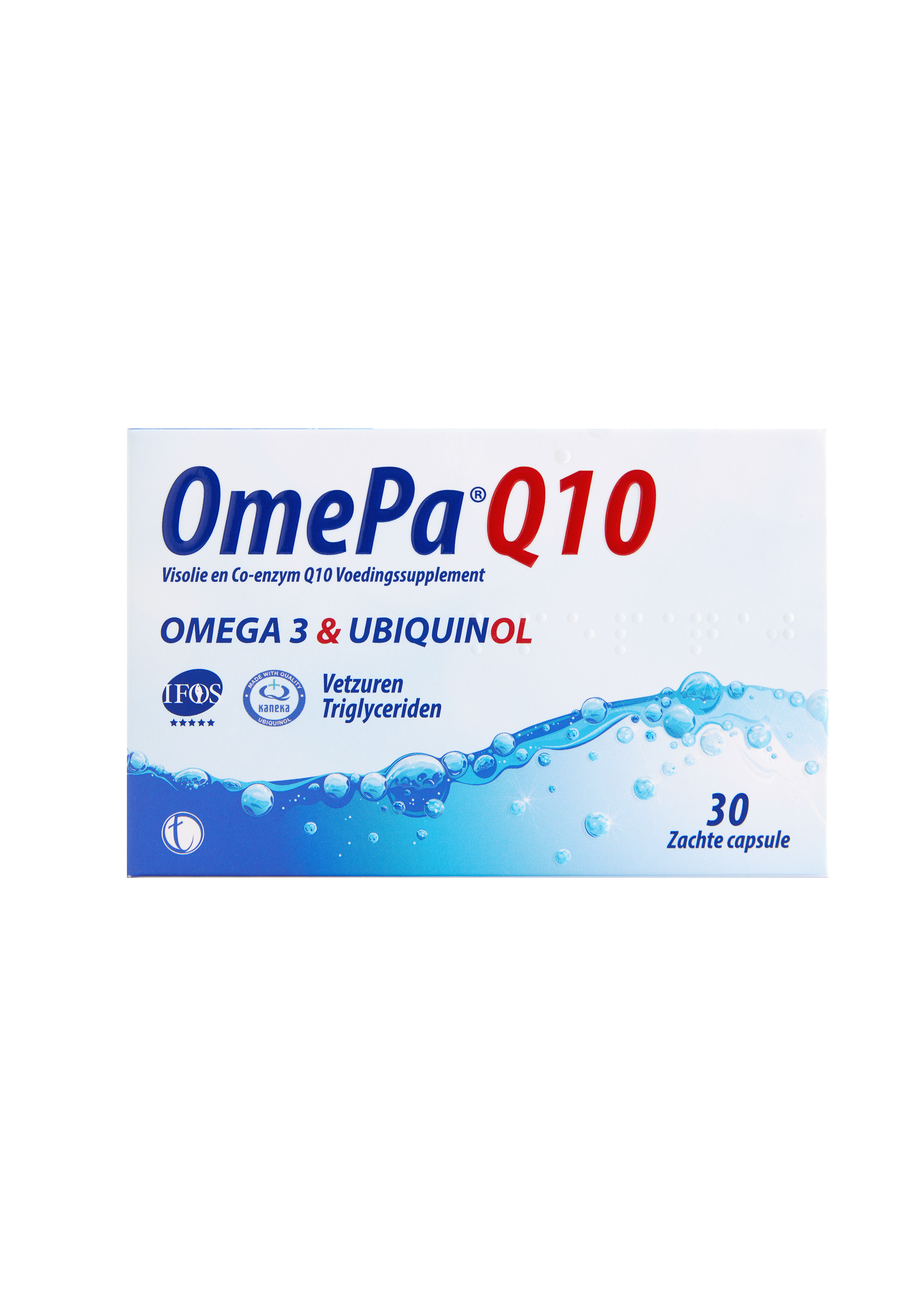 OmePa Q10 omega-3 and ubiquinol supplement box, front view on white background