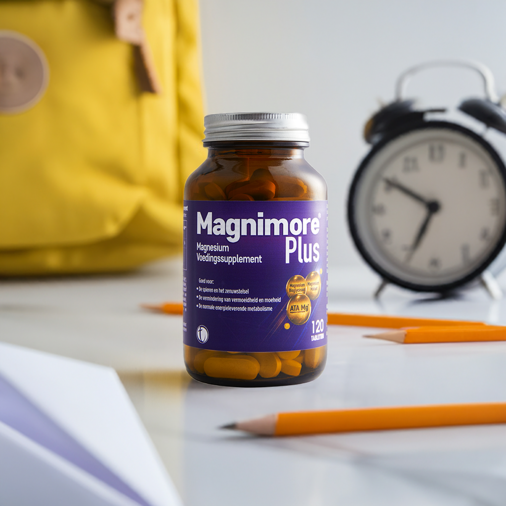 Magnimore Plus 120 magnesium supplement bottle on desk with clock and bag