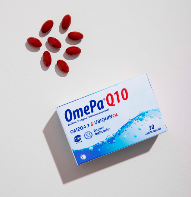 OmePa Q10 supplement box with red softgel omega capsules on light background